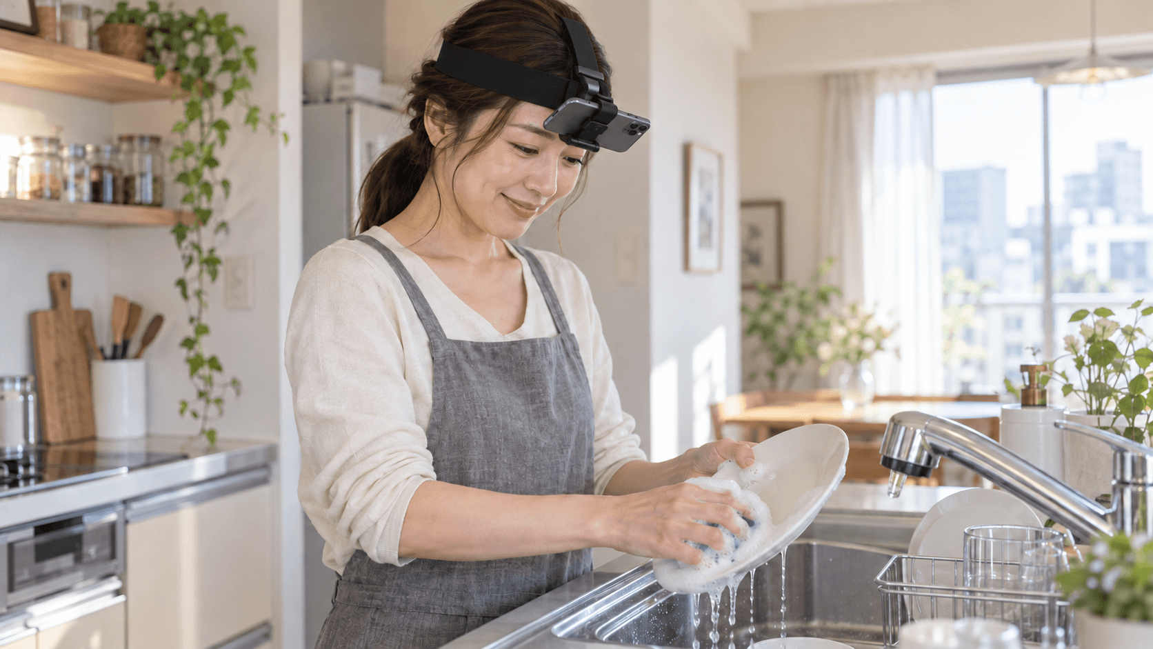スマートフォンを装着して食器を洗う女性